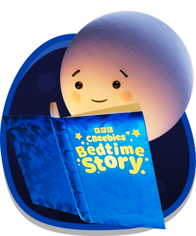 Moon with a face looking at a book which has text on the front that reads 'bbc bedtime story'.