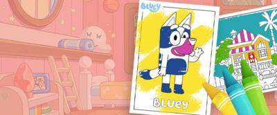 Bluey branded colouring in sheets which are half coloured in and surrounded by coloured crayons.