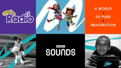 CBeebies Radio on BBC Sounds, with images of Ubercorn, Bitz & Bob and Esther from Biggleton's Big News.