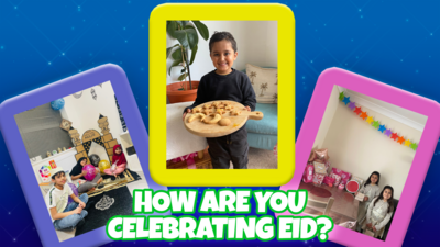 Three photos in colourful frames of children doing various Eid celebration activities