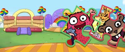 Background is a playground, there are two large jigsaw pieces with characters from Love Monster, including Love Monster and Eager Beaver.