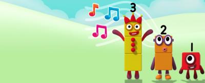 Numberblocks 1, 2 and 3 with music notes.