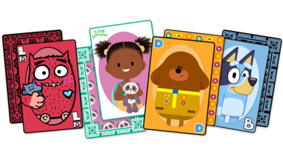 Playing card designs showing characters from cbeebies shows including Duggee, JoJo, Love Monster and Bluey.