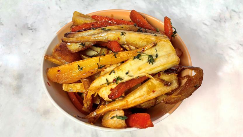 Air fryer parsnips and carrots with chilli honey