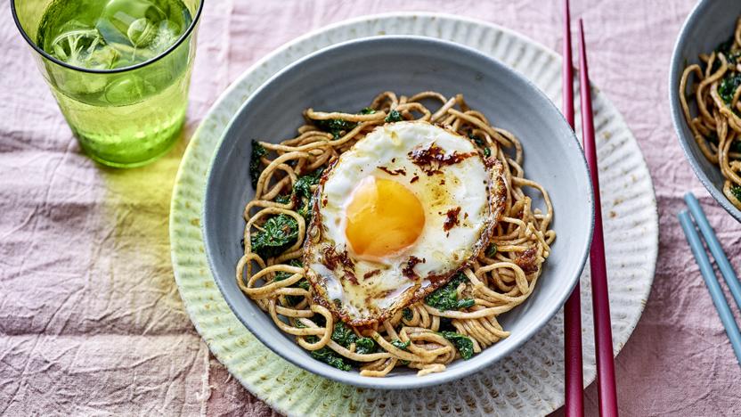 Chilli oil noodles with garlicky greens