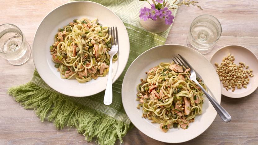 Lemon and caper salmon linguine