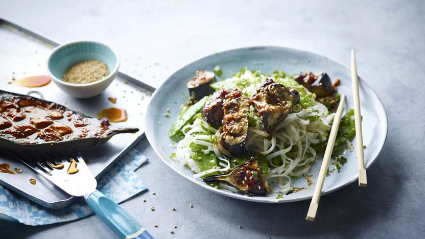 Miso aubergine with noodles