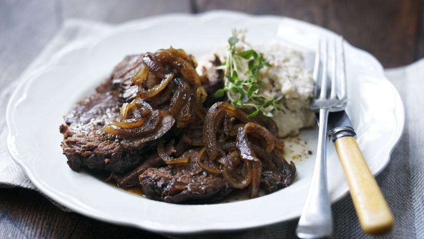 Slow cooker beef brisket with bean mash