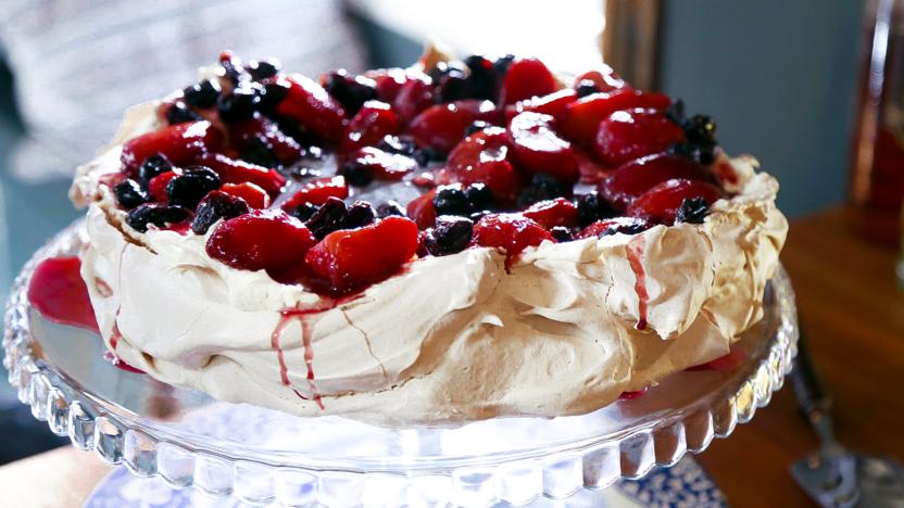 Spiced pavlova with plums and cherries