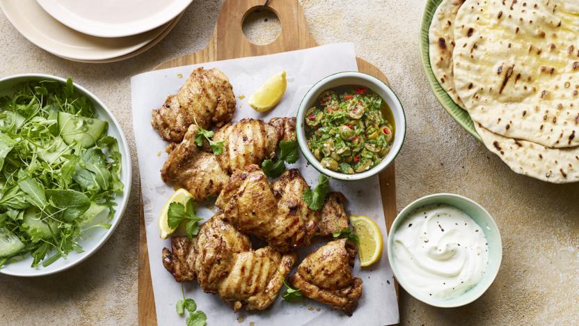 Turkish spiced chicken with flatbreads and green relish