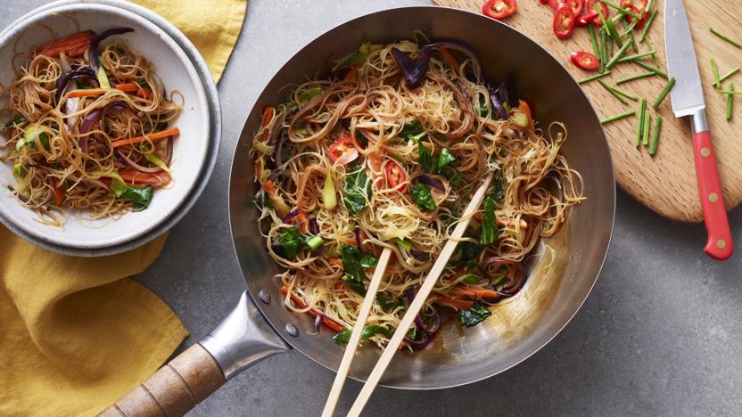 Vegetarian Singapore fried noodles