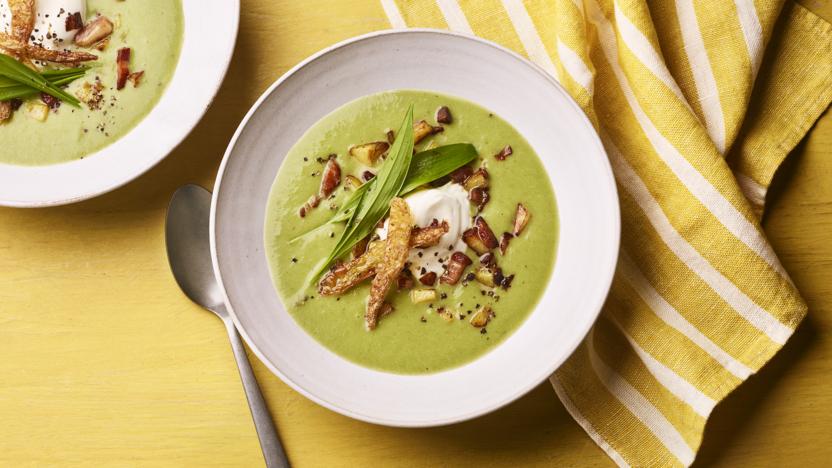 Wild garlic soup with bacon-fat potatoes and sour cream