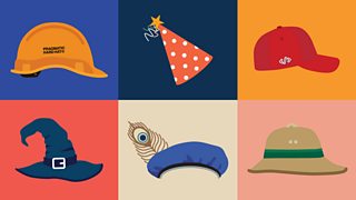 An illustrated assortment of six hats