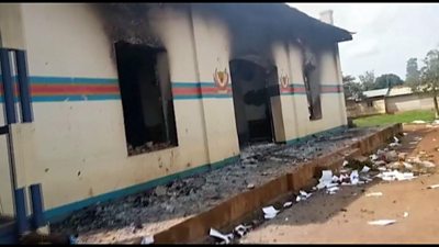 Burned building in Beni, the Democratic Republic of Congo