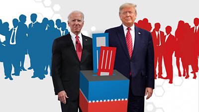 Biden and Trump beside a graphic ballot box and silhouettes behind