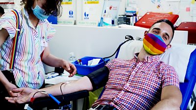 Gay couple Oscar and Xavier donate blood for the first time after rules change across most of the UK.