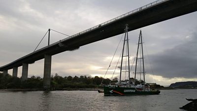 Greenpeace ship Rainbow Warrior sails under Erskine Bridge