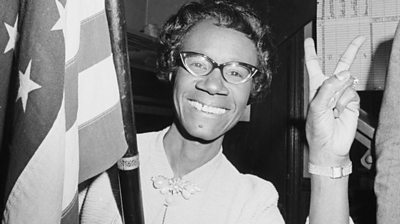 Congresswoman Shirley Chisholm gives victory sign in 1968