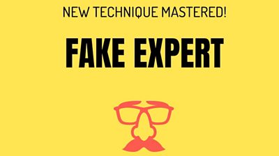 Still from video game saying 'New Technique Mastered - Fake Expert'