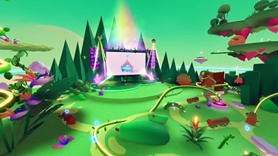 A computer generated park with a large projection screen - a scene from Spotify Island on Roblox.