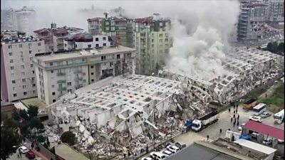 Drone shot of collapsed building in Hatay province, Turkey