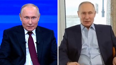 Vladimir Putin on the left and an AI version of Putin on the right