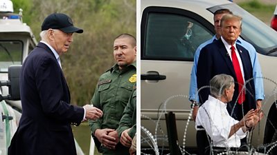 US President Joe Biden and Donald Trump at the border
