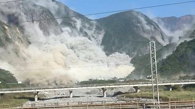 A view of a landslide after an earthquake hit just off the eastern coast of Taiwan
