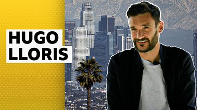 Hugo Lloris in front of a backdrop of downtown Los Angeles