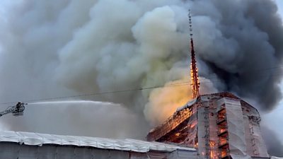 The spire on fire at the Copenhagen stock exchange