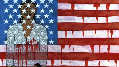 Artwork by Faith Ringgold showing American flag with black female figure and stripes bleeding