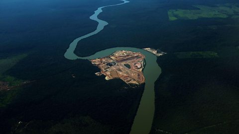 Aerial view of a hydropower station being built in the Amazon, Brazil