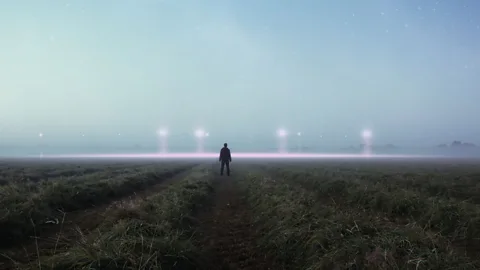 A man standing in a field back to camera looking into the sky, with glowing orbs on the horizon