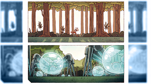 Juniper and albie in one frame running through the forest. The bottom frame shows giant robot spiders in forcefield bubbles.