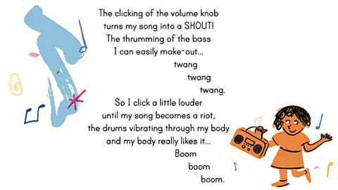 The clicking of the volume knob turns my song into a SHOUT! The thrumming of the bass I can easily make-out...twang twang twang. So I click a little louder until my song becomes a riot, the drums vibrating through my body and my body really likes it...Boom boom boom.