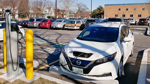 Nissan Leaf EV on charger in US