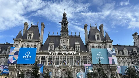Hotel de Ville building with signs for Paris Olympic Games 2024