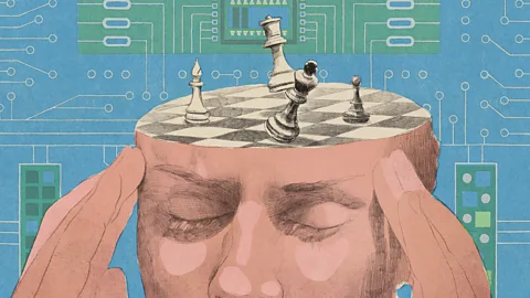 illustration of man with fingers to temples, his brain is a chessboard