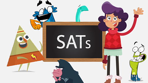 Smiling characters next to a chalk board which says SATs