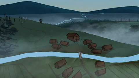 A cartoon Anglo-Saxon village in the countryside.