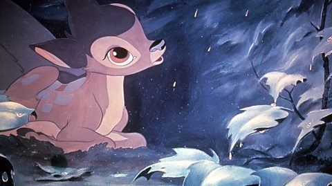 An image from Disney cartoon Bambi, where Bambi is sheltering from rain. 