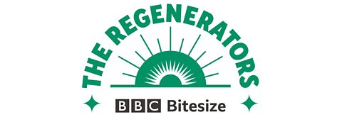 The Regenerators Logo green crescent over sun dial icon and BBC Bitesize logo