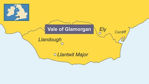Map showing the Vale of Glamorgan and location of Llandough, Llantwit Major and Ely