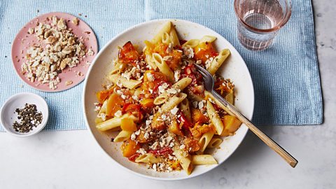 Tomato, squash and chilli pasta with crunchy breadcrumbs