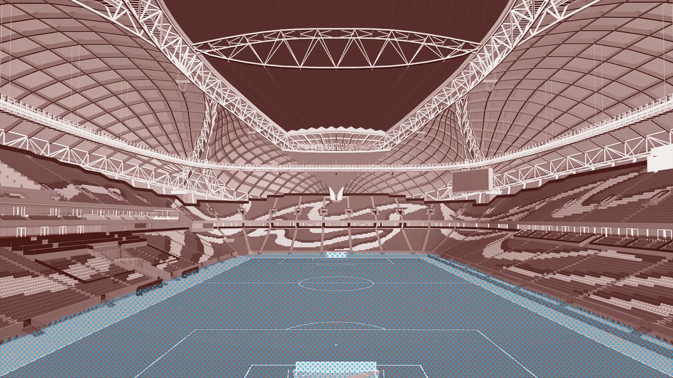 Графика, показывающая внутреннюю часть стадиона "Аль-Джануб" в Катаре, где поле окрашено в синий цвет для обозначения прохладного воздуха