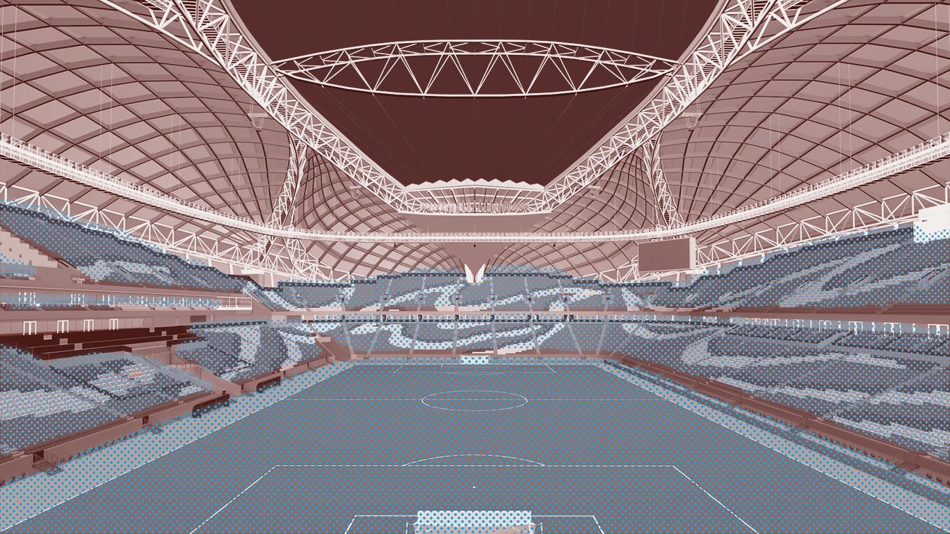 Графика внутренней часть стадиона "Аль-Джануб" в Катаре, где поле и трибуны окрашены в синий цвет для обозначения прохладного воздуха