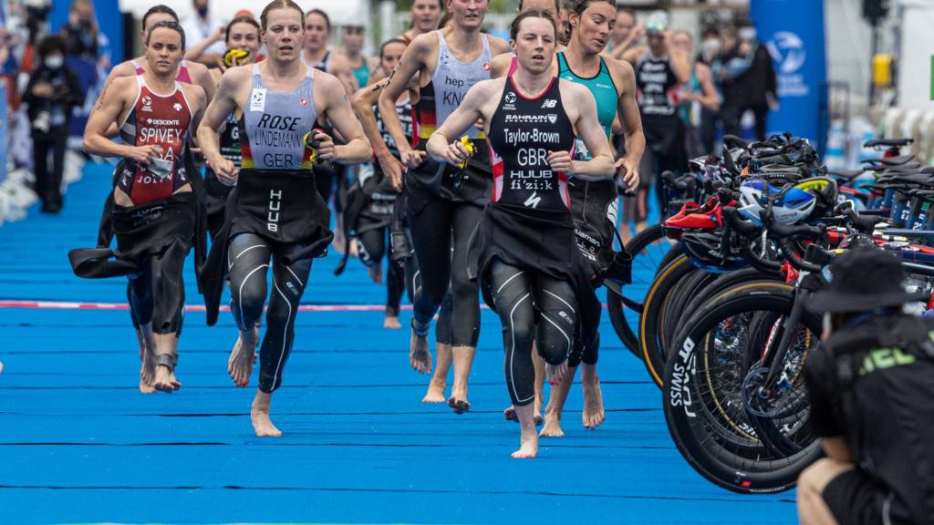 Georgia Taylor-Brown competes in the running leg of the triathlon