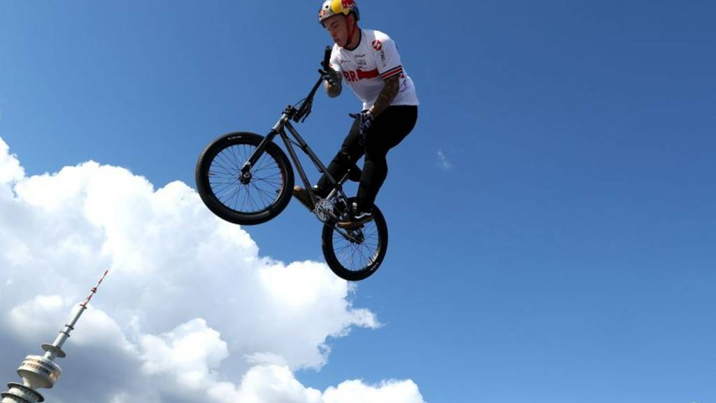 Kieran Reilly in BMX freestyle action at the European Championships in Munich.