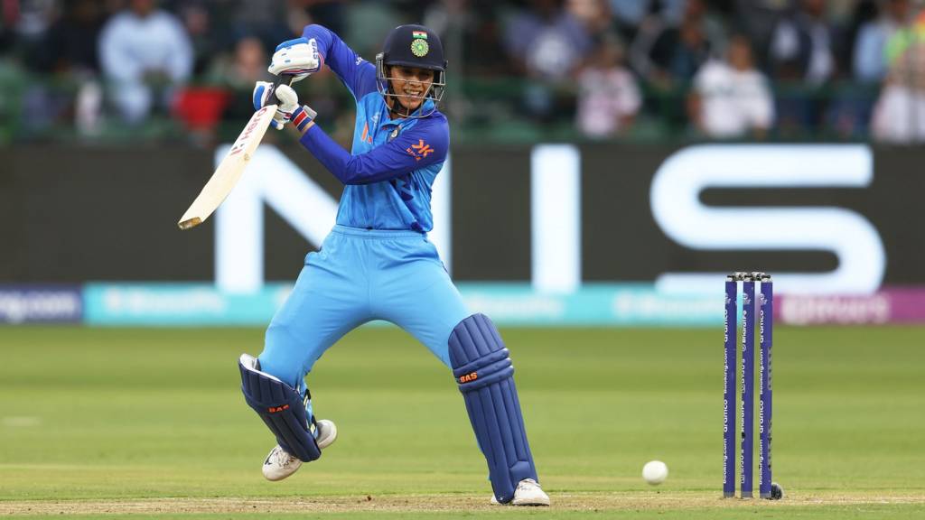 Smriti Mandhana of India plays a shot against England at the T20 World Cup