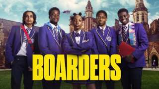 Image of Boarders cast. The series logo is in bold, yellow capital letters